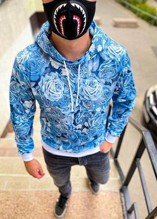 Голубой мужской худи с цветочным принтом