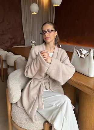 Женский ворсистый пушистый кардиган оверсайз с поясом