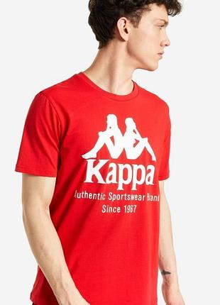 Шикарная хлопковая футболка красного цвета с фирменным принтом kappa made in bangladesh