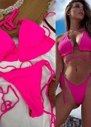 2345 розовый раздельный купальник на длинных завязках с рюшами