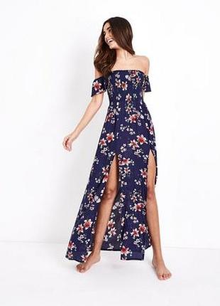 Пляжное платье макси с разрезами открытыми плечами цветочное лилии