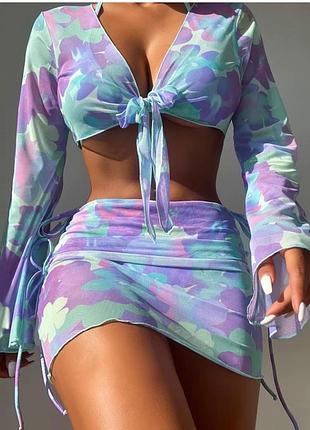 2039 роздільний купальник шторка зі спідничкою і топом довгим рукавом
