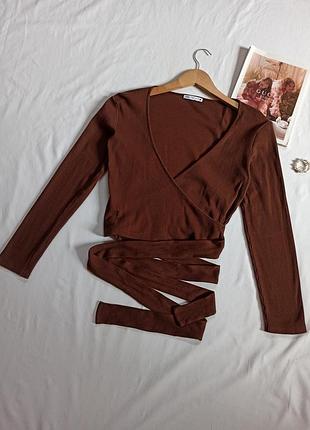 Базовая коричневая кофта лонг на запах с завязками/ рубчик/лонгслив