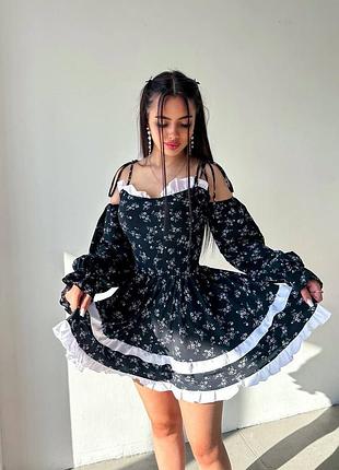 Нарядна романтична сукня міні софт з принтами в квітку пишне плаття незвичайне