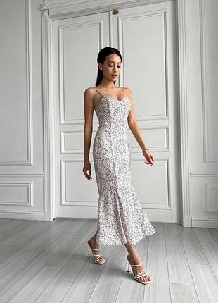 Розпродаж 🏷 святкова шифонова сукня міді на тонких бретелях в дрібний квітковий принт