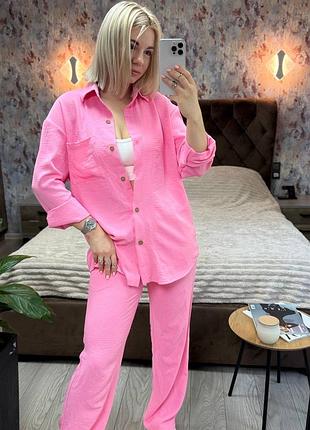 Класичний літній жіночий комплект легкий костюм сорочка і штани з креп жатки