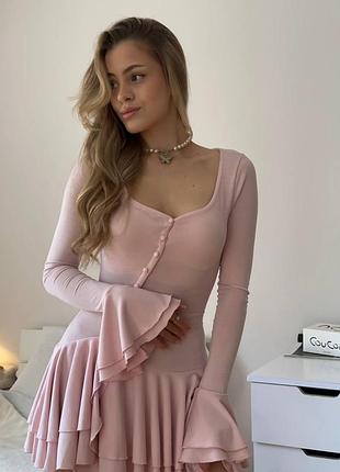 Міні сукня асиметрія гудзики багатошарова довгий рукав волани рюші ніжна жіноча декольте к...