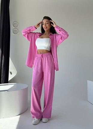 Женский костюм летний льняной из натуральной ткани льна рубашка и брюки голубой розовый