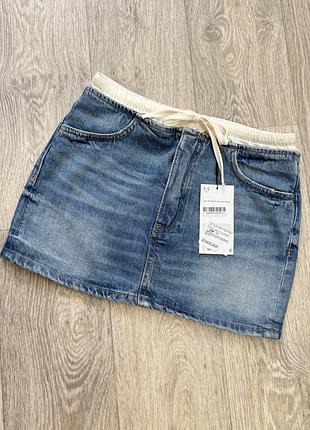 Стильна джинсова спідниця zara юбка з подвійним поясом розмір xs