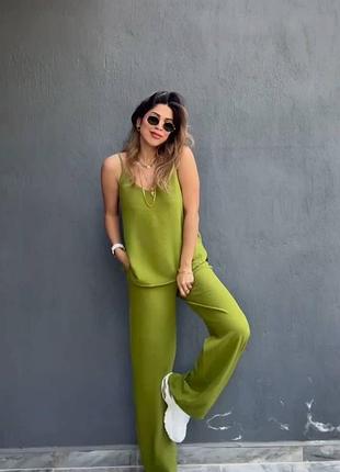 🌈4! шикарный легкий летний женский костюм жатка лаймовый лайм майка брюки брюки
