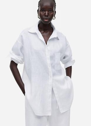 Льняная белая рубашка оверсайз h&m