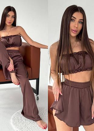 Пижама (домашний костюм) женская тройка (топ, шорты, штаны) шелк армани 42-46 шоколад коричневая