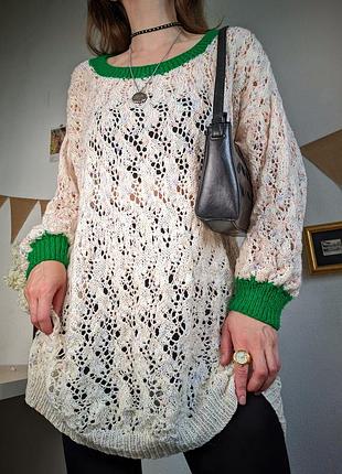 Кофта ажурная белая длинная туника объемная свободная оверсайз акрил удлиненная свитер джемпер