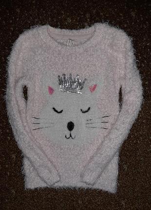 Нежно-розовый свитер травка с кошечкой в короне, украшеной пайетками5 фото