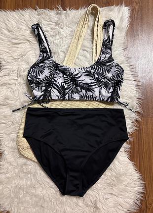 Купальний комплект верх та низ від купальника чорний з листям