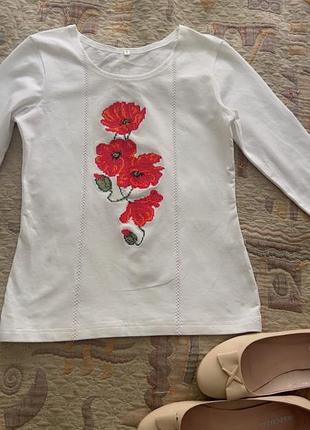 Вишиванка блуза сорочка з маками біла рукав 3/4