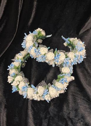 Вінок віночок венок веночек обруч з квітами цветами під вишиванку білий блакитний белый голубой