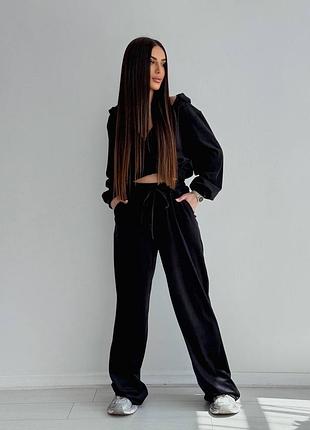 Велюровий жіночий костюм вкорочена зіп худі кофта на блискавці і штани вільного крою