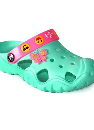 Детские сабо eva бирюзовые для девочек с бабочкой и смайликами