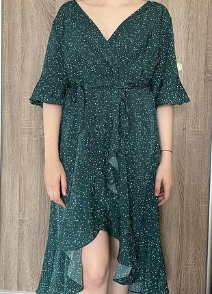 Сукня смарагдова в горошок на запах плаття платье 52-54 розмір жіноче