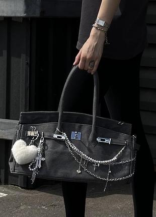 «not your bag» - кастомна джинсова сумка сіра у стилі біркін