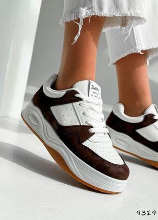 Білі коричневі шкіряні нубукові кросівки кеди з перфорацією на товстій підошві шоколад