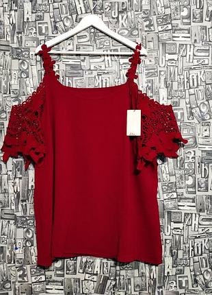 Новая бордовая оверсайз блузка с кружевом и открытыми плечами, батал, большой размер, shein.