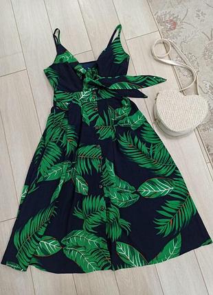 Сарафан сукня міді, колір темно-синій з рослинним принтом