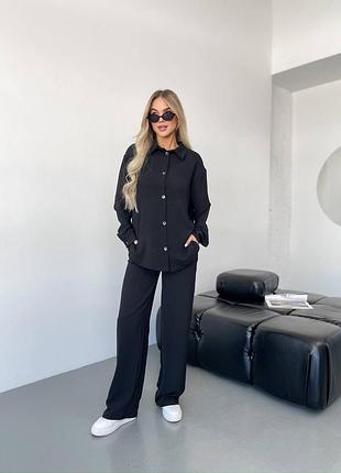 Класичний легкий креповий костюм жіночий комплект сорочка і штани вільного крою жатка однотонний