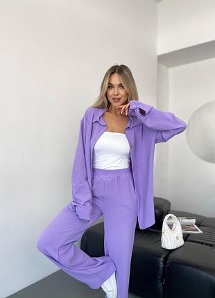 Класичний легкий креповий костюм жіночий комплект сорочка і штани вільного крою жатка однотонний