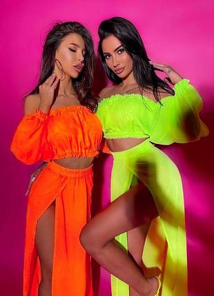 Красивый шифоновый пляжный костюм топ и юбка с разрезами ch-374