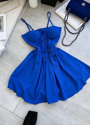 Жіноча синя коротка сукня ромпер з кишенями
