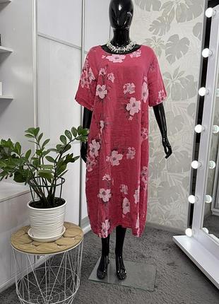Рожева льняна сукня у квіти, нова, розмір єдиний