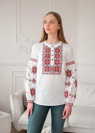 Вышиванка женская из белого льна белая вышиванка с планкой 4654
