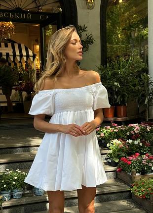 Воздушное платье с резинкой на груди, короткое платье поплин с открытыми плечами, 52478