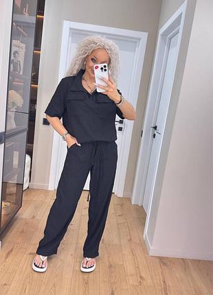 Костюм женский летний повседневный кофта брюки лен жатка черный 42-52 гг