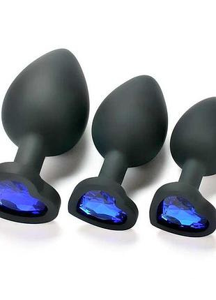 Набір силіконових анальних пробок “сердечко” з кристалом – чорний – 3 шт (s/m/l) – анальні іграшки