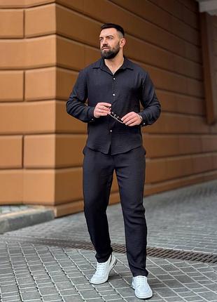 Чоловічий лляний костюм жатка штани і сорочка на гудзиках з довгими рукавами