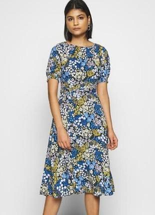 Сукня міді в жовто-синій квітковий принт