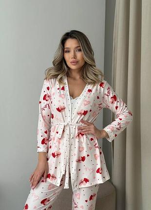 Домашний костюм комплект пижама женская тройка накидка халат + штаны + майка