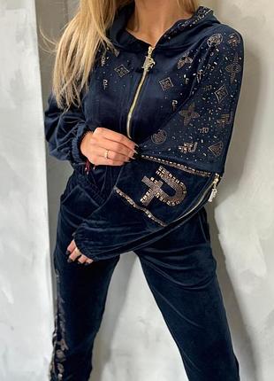 Шикарный темно синий велюровый костюм,стразы сварочные люкс качество туречки, бренд папарацци.