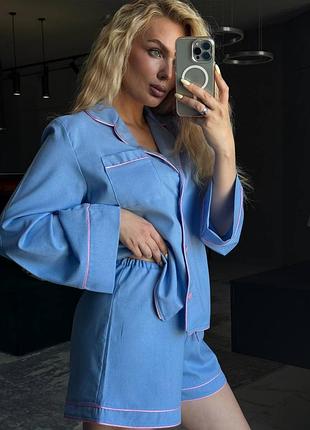 Льняной костюм рубашка+шорты 2061 с