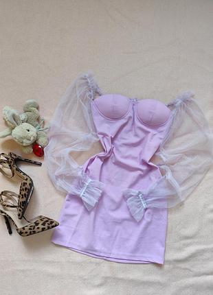 Платье сиреневое с рукавом сеткой р 36 44 s короткая вечерняя
