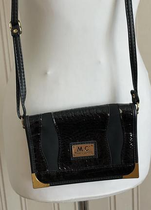 Винтажна сумка чорна міні кроссбоді лак кроко золоті ставки