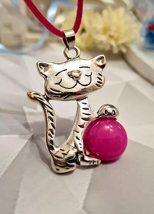 🔺😸🩷 кулон на шнурку "сріблястий котик" натуральний рожевий агат