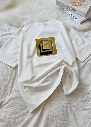 🍞 стильная женская футболка оверсайз с принтом «тост с маслом» | размер 42–46 | цвет молочный