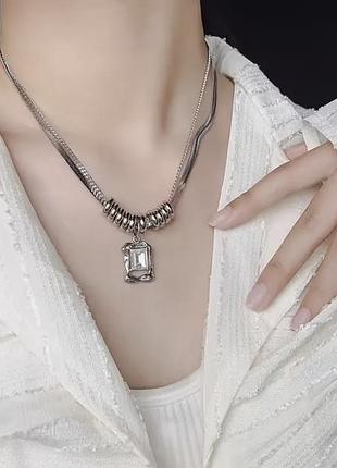 Тренд сріблястий ланцюжок титанова сталь кольє чокер намисто кулон кристал