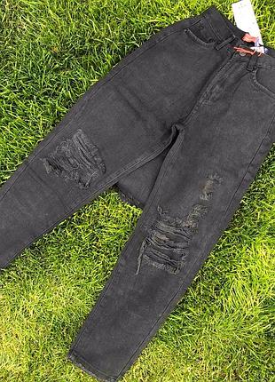 Літні чорні джинси з рваностями,черные летние джинсы с рваностями,джинсы на высокой талии