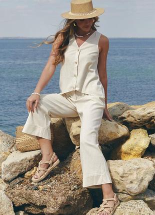 Льняные прямые брюки кюлоты укороченные с высокой посадкой 80% льна