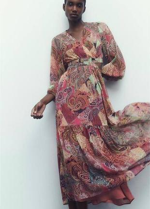 Zara воздушное платье в бохо стиле, s, платье с принтом пейсли и вырезами